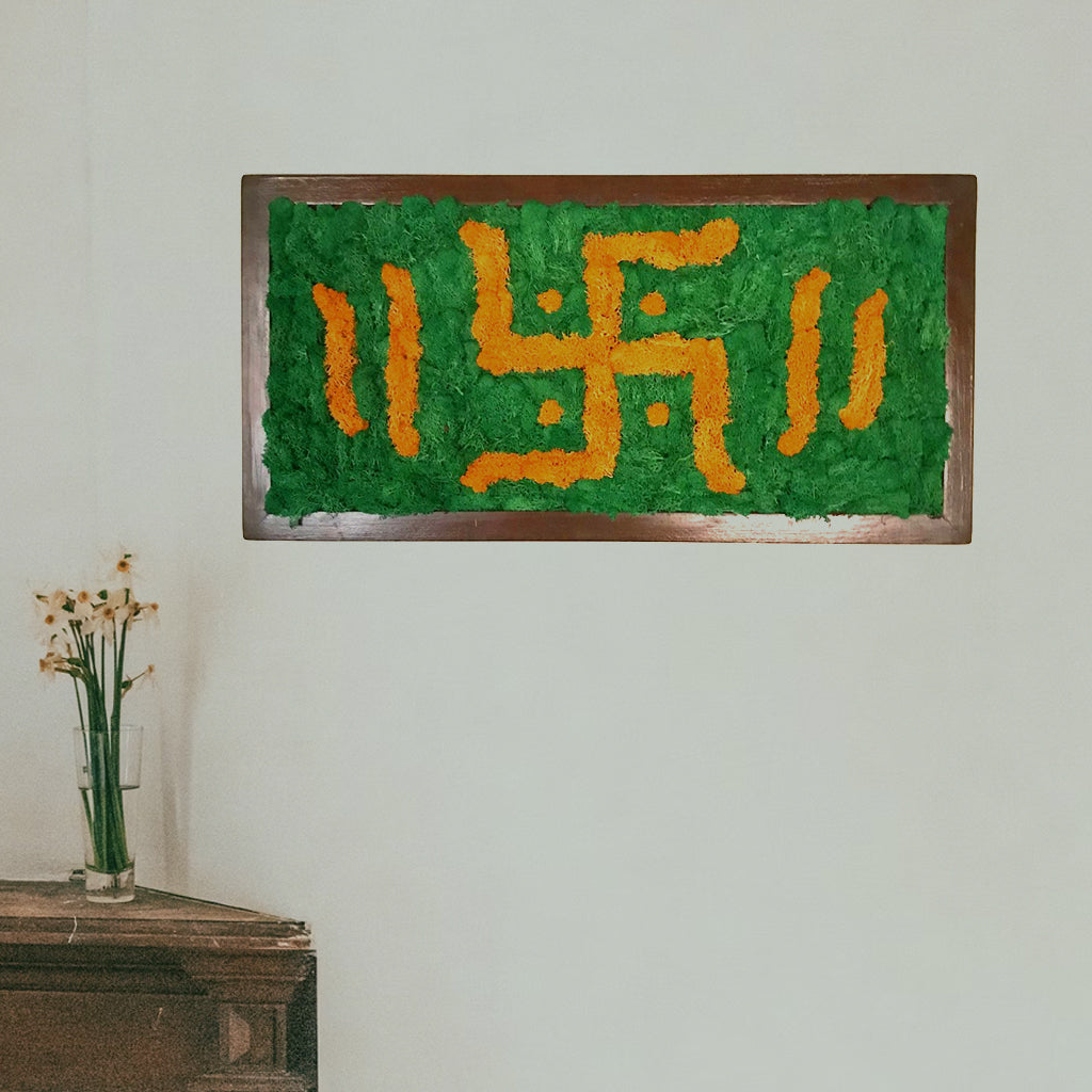 Swastik preserved moss frame in dark wood – front view