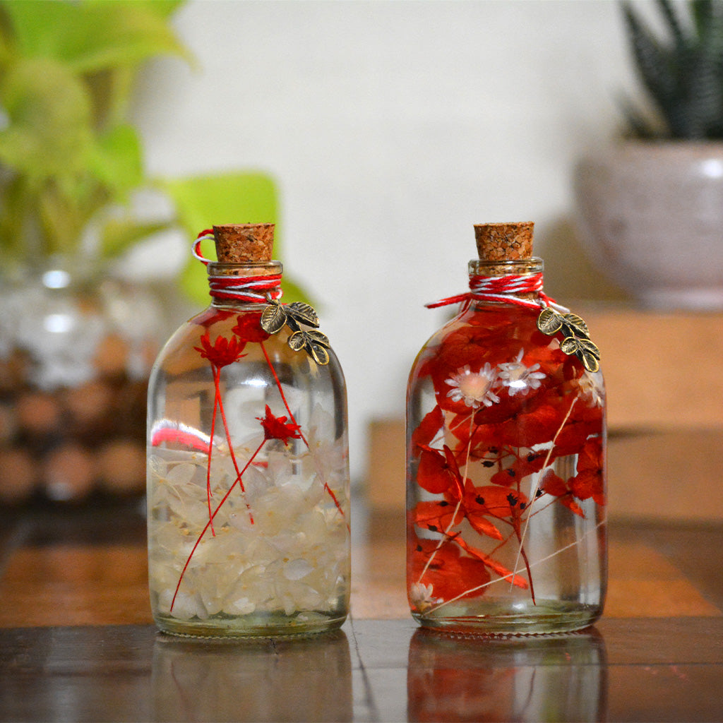 Crimson Yin Yang Set by myBageecha – includes Red Hydrangea Bottle and White Hydrangea Bottle with Red Accents displayed together.