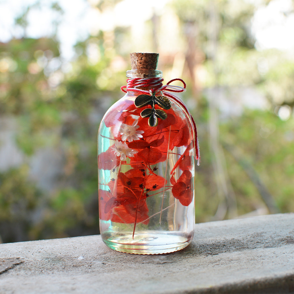White Hydrangea with Red Touch Bottle shown individually – soft contrasting preserved arrangement.