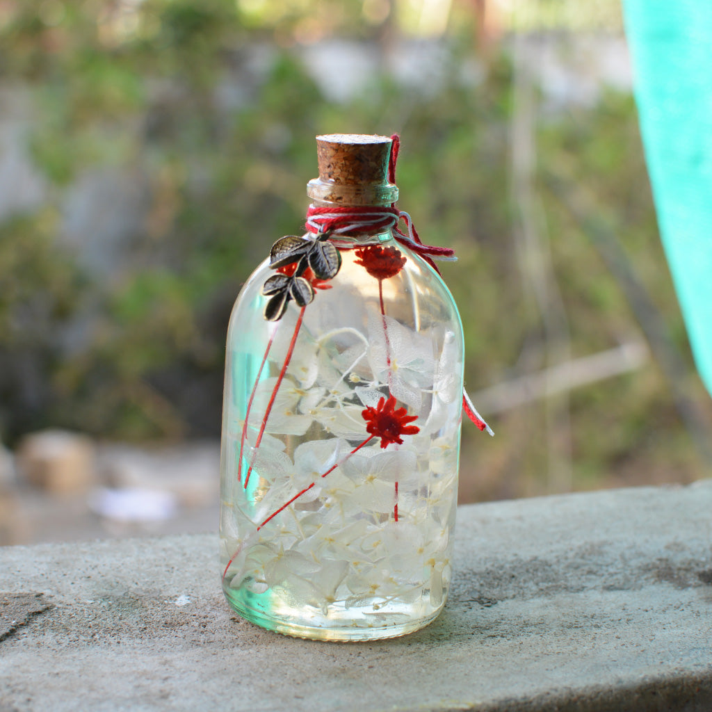 White Hydrangea with Red Touch Bottle shown individually – soft contrasting preserved arrangement.