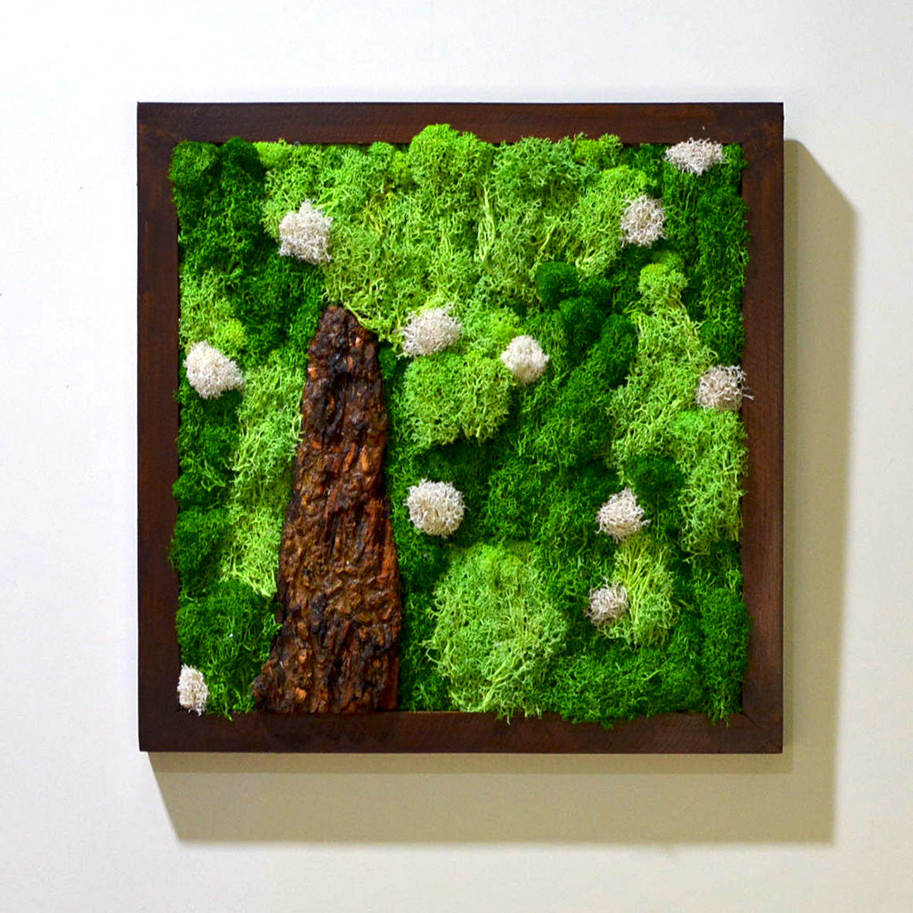 Handcrafted preserved moss wall art – close-up of texture