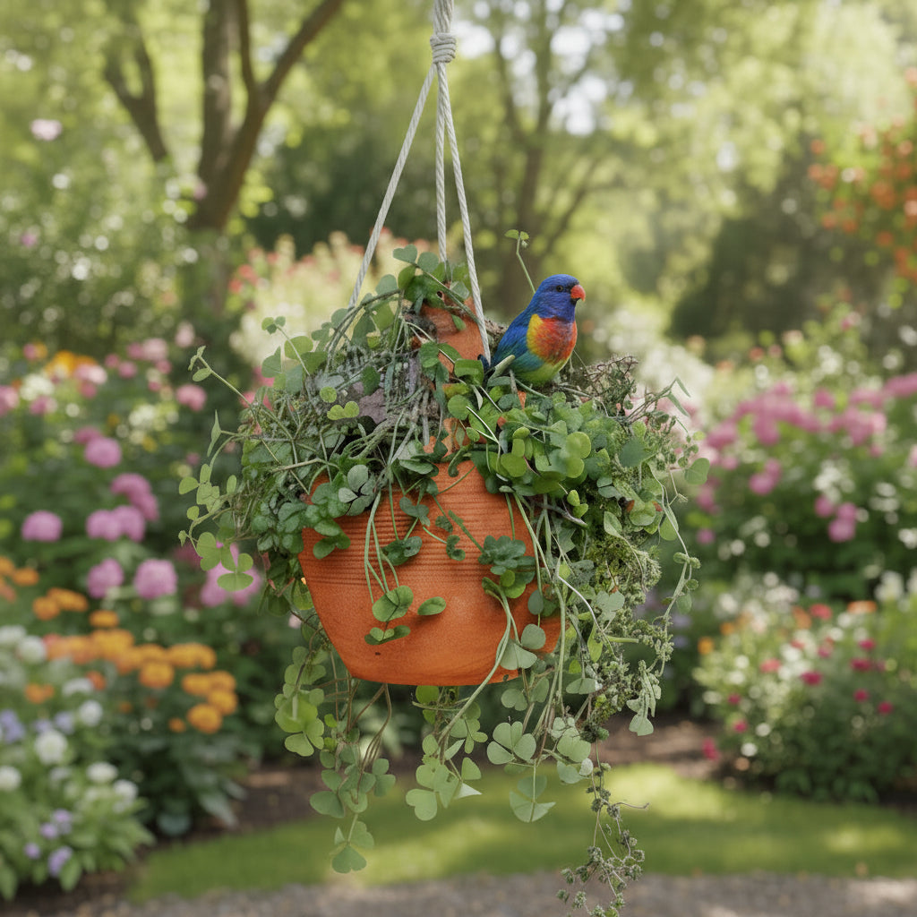 Bird sitting in Ancient Terracotta Birdhouse Pot