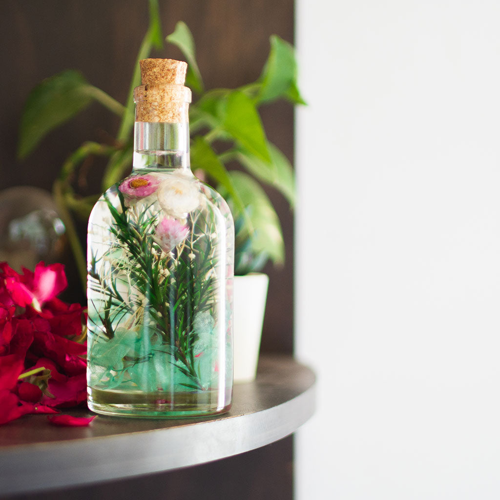 Aqua Spring Preserved Flower Tabletop placed on table – cool, soothing tabletop accent.