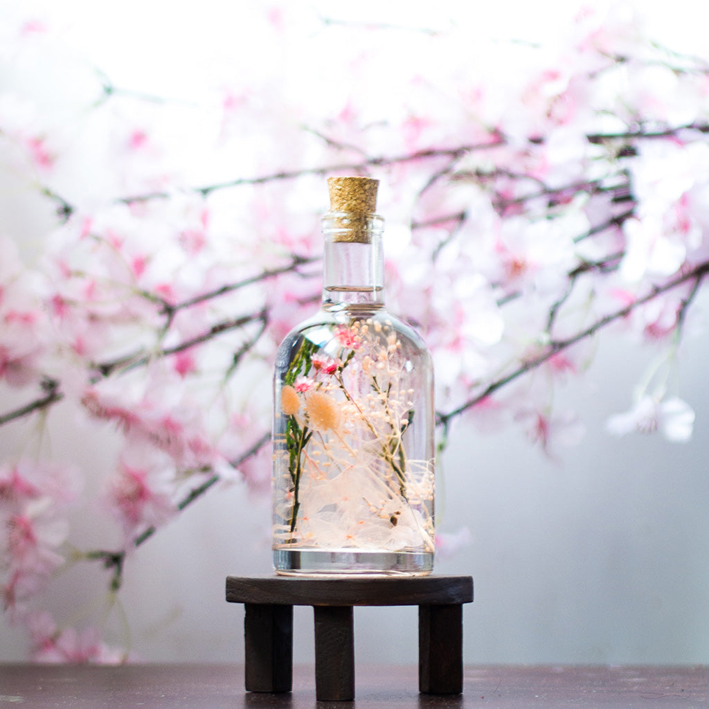 Blushing Ballet Preserved Flower Tabletop on circular stand – romantic blush décor piece.