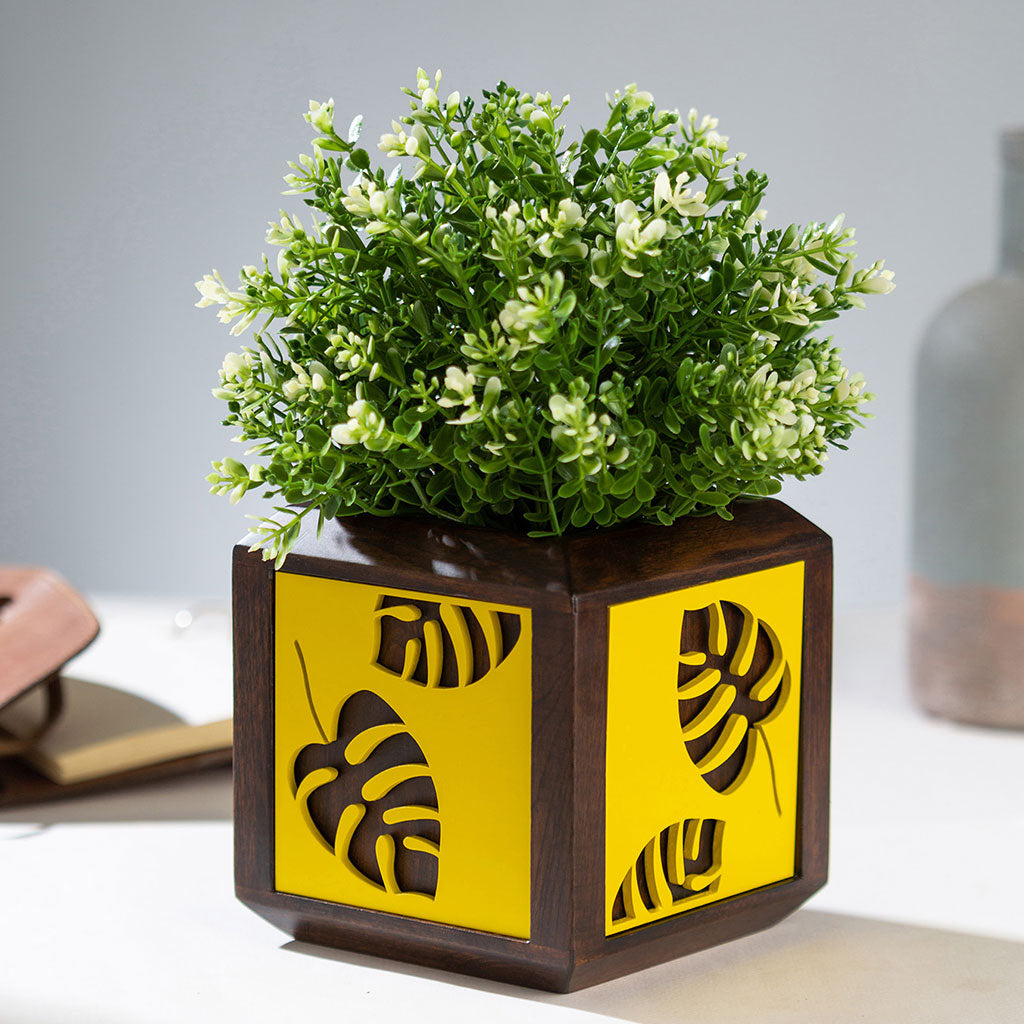 QUBO Floral Leaf Handmade Wooden Indoor Planter Pot - myBageecha