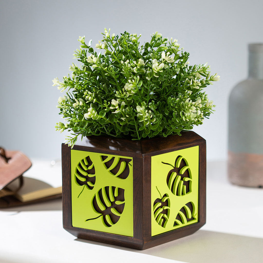 QUBO Floral Leaf Handmade Wooden Indoor Planter Pot - myBageecha