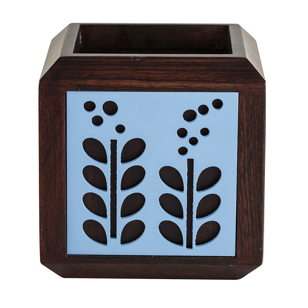 QUBO Serene Blue Flower Handmade Wooden Indoor Planter Pot - myBageecha