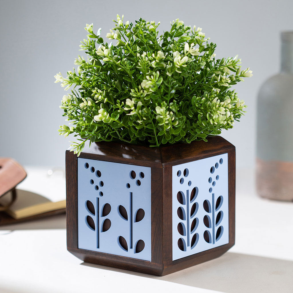 QUBO Serene Blue Flower Handmade Wooden Indoor Planter Pot - myBageecha