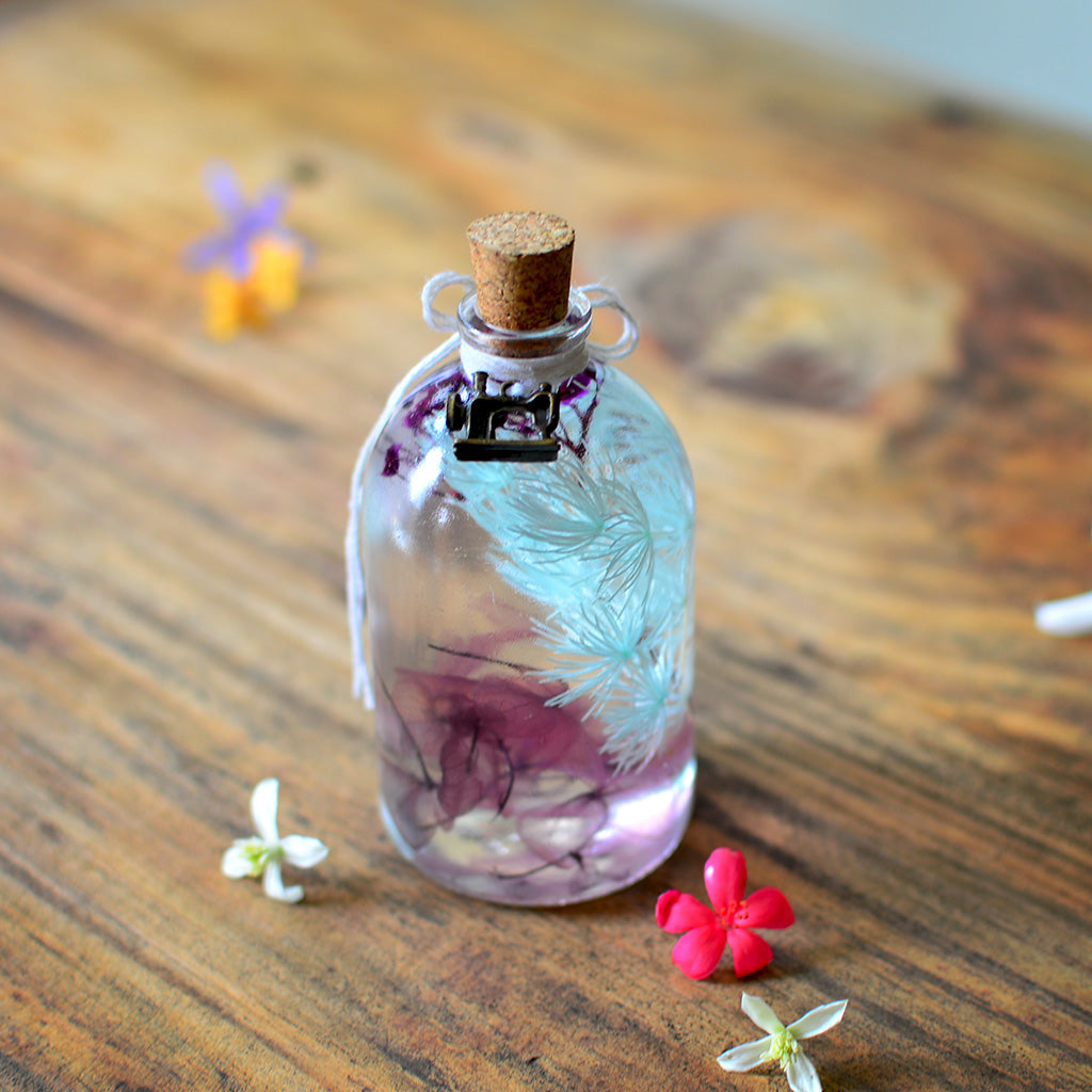 Celeste Bloom Preserved Flower Tabletop placed on table – airy blue floral accent.