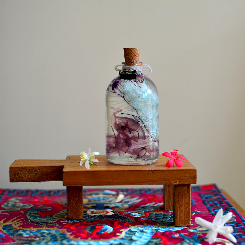 Celeste Bloom Preserved Flower Tabletop on rectangular stand – serene preserved décor.