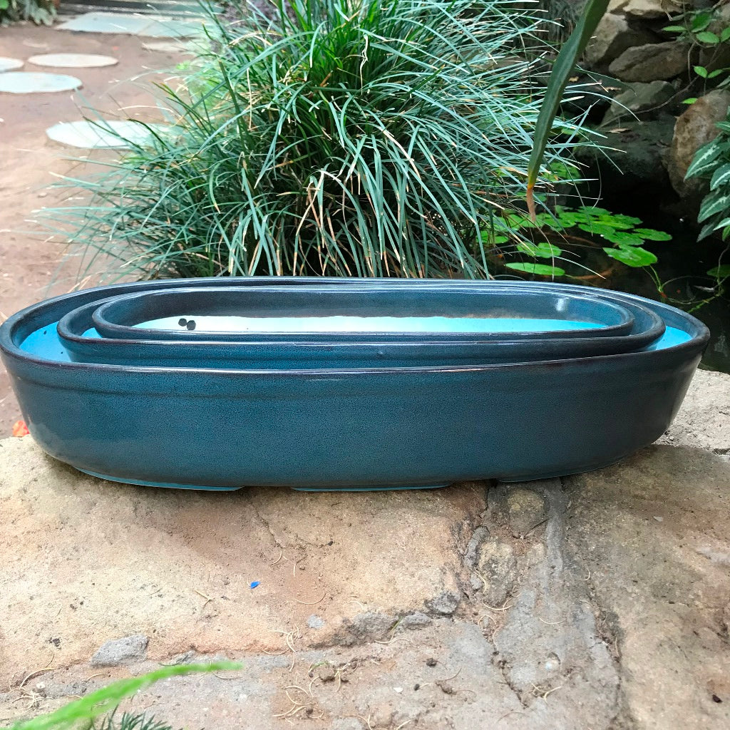 Set of 3 Chiselled Pacific Blue Bonsai Ceramic Tray - myBageecha