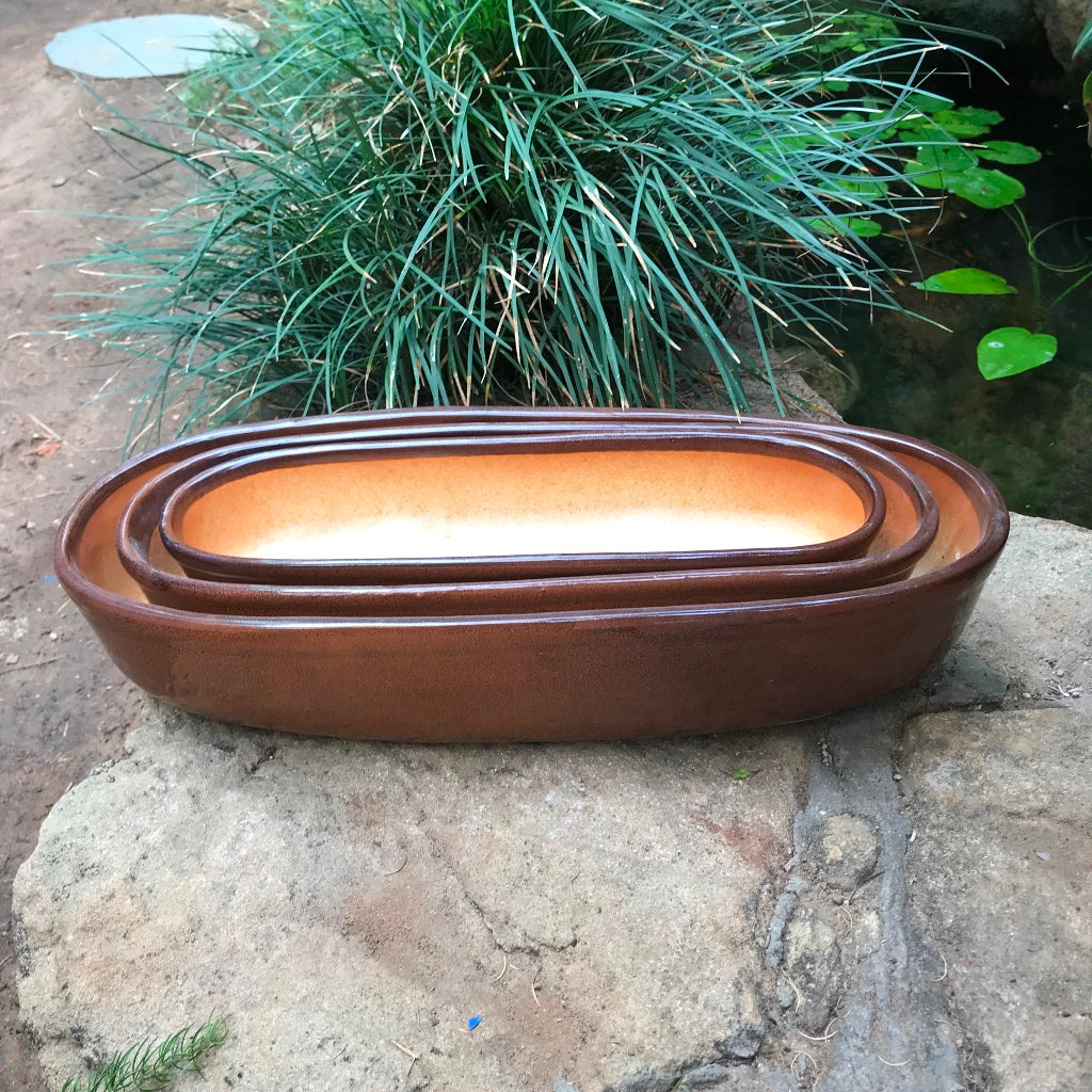 Set of 3 Chiselled Copper Brown Bonsai Ceramic Tray - myBageecha