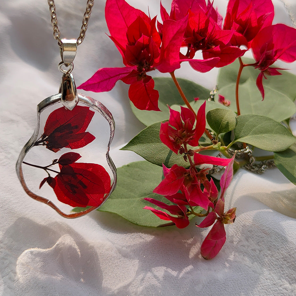 Crimson Cascade Bougainvillea Real Dried Flower Necklace - myBageecha