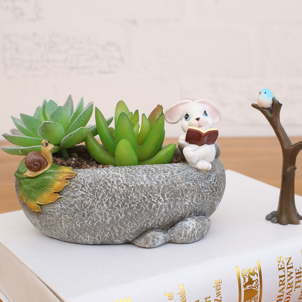 Cute Rabbit Reading Resin Succulent Pot - myBageecha