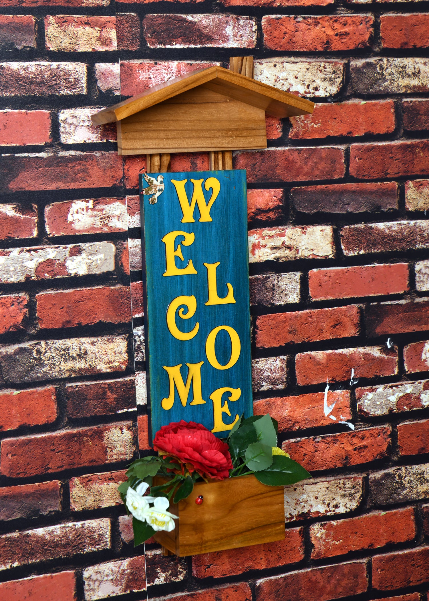 Welcome Message with Artificial Flowers Wooden Rack - myBageecha