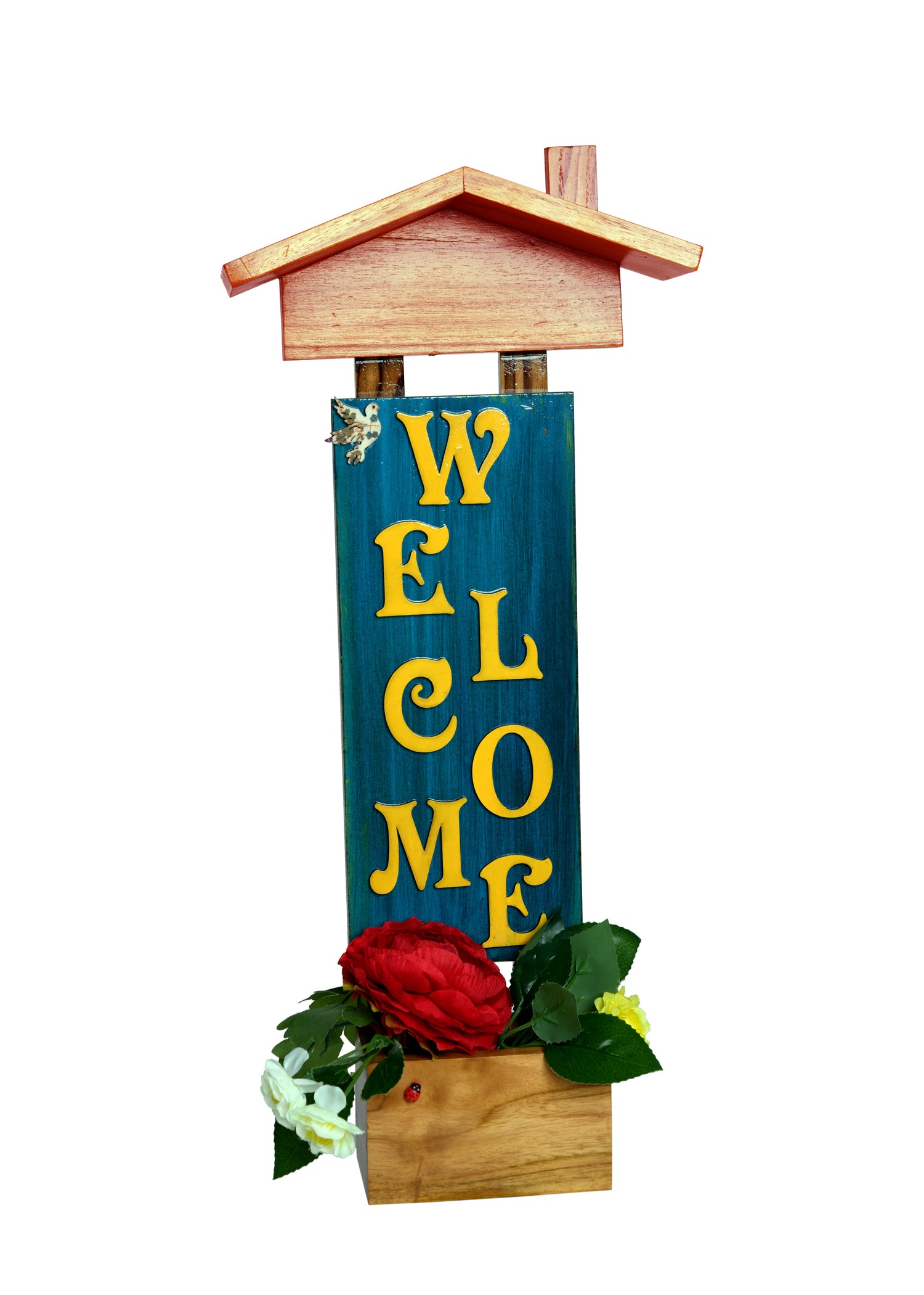 Welcome Message with Artificial Flowers Wooden Rack - myBageecha