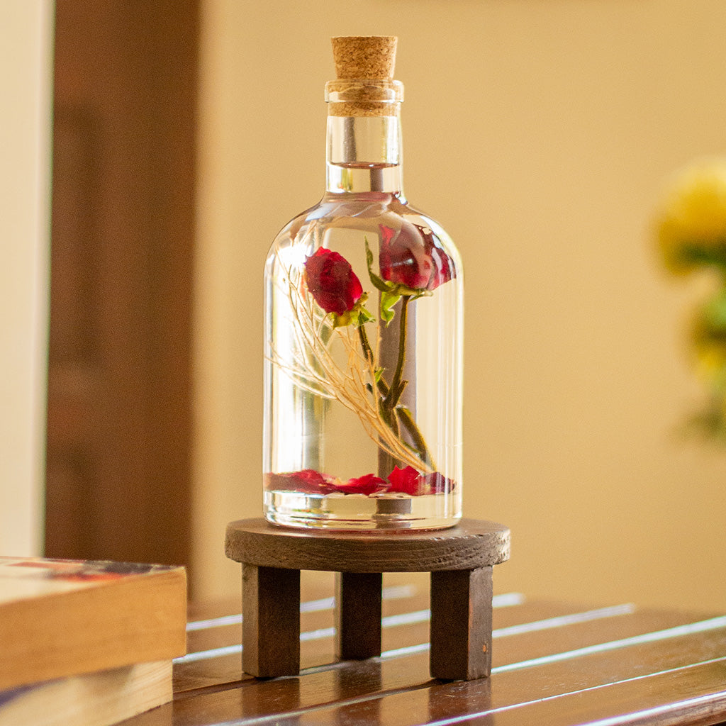 Floraison Quaint Rose Preserved Flower Tabletop on circular stand – romantic tabletop accent.