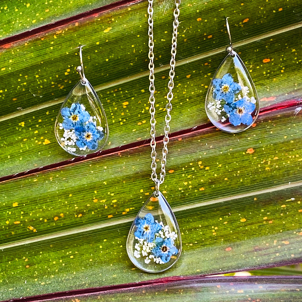 Forget Me Not Real Dried Flower Necklace Set / Earring - myBageecha