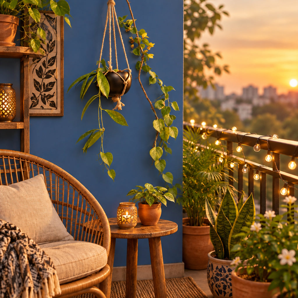 A round black metal pot with a jute rope hanging from a blue wall, with green leaves and a yellow flower visible.