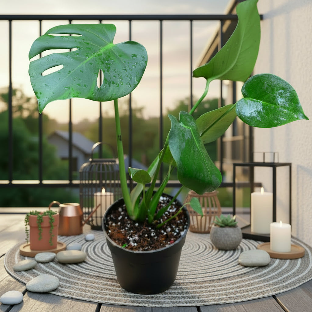 Monstera Deliciosa Plant with large perforated green leaves.