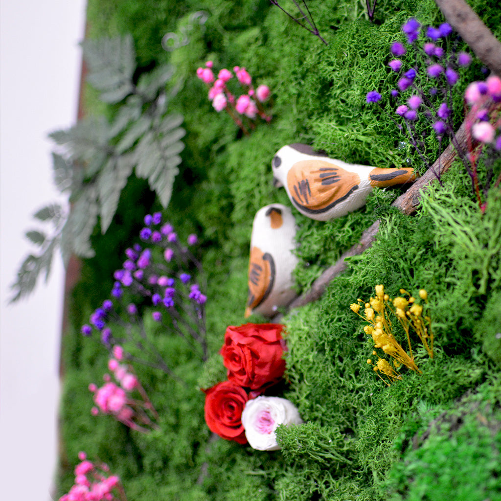 Scenic moss wall art in dark wood frame