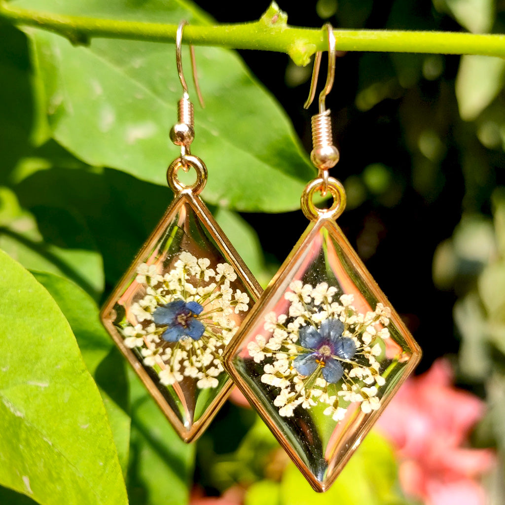 Close up of handcrafted Bright floral earrings