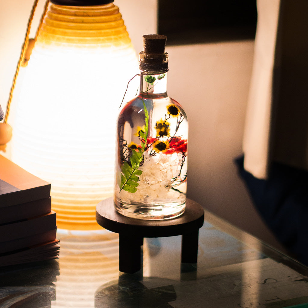 Touch of Sun Preserved Flower Tabletop on circular stand – uplifting preserved décor centerpiece.