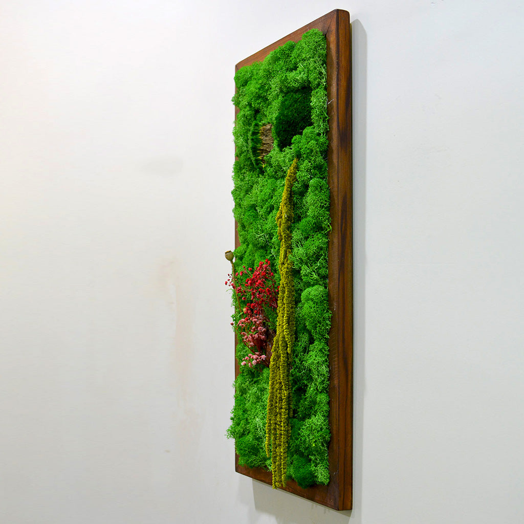 Wild nature-themed moss décor in dark wood frame