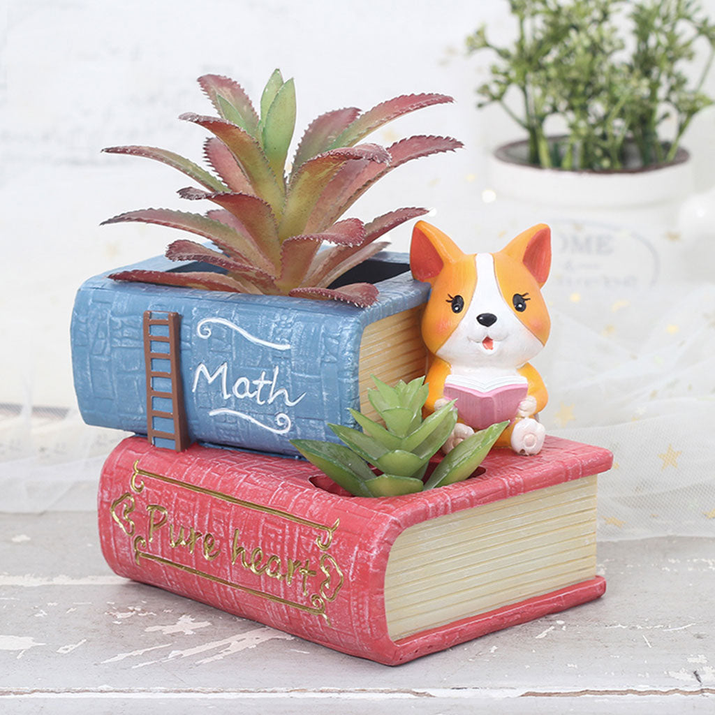 Cute Corgi Dog Reading Book Succulent Pot - myBageecha
