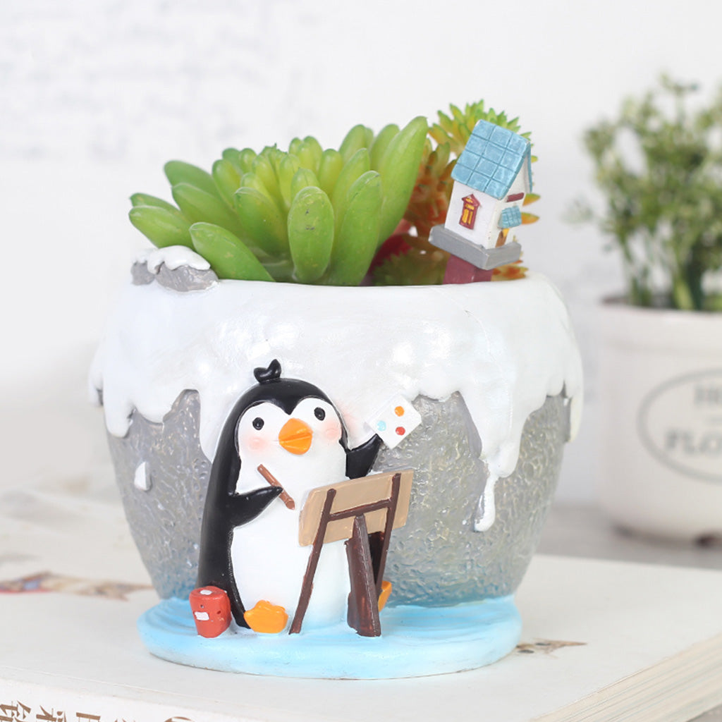penguin succulent Painting Penguin Succulent Pot – Cute Resin Planter