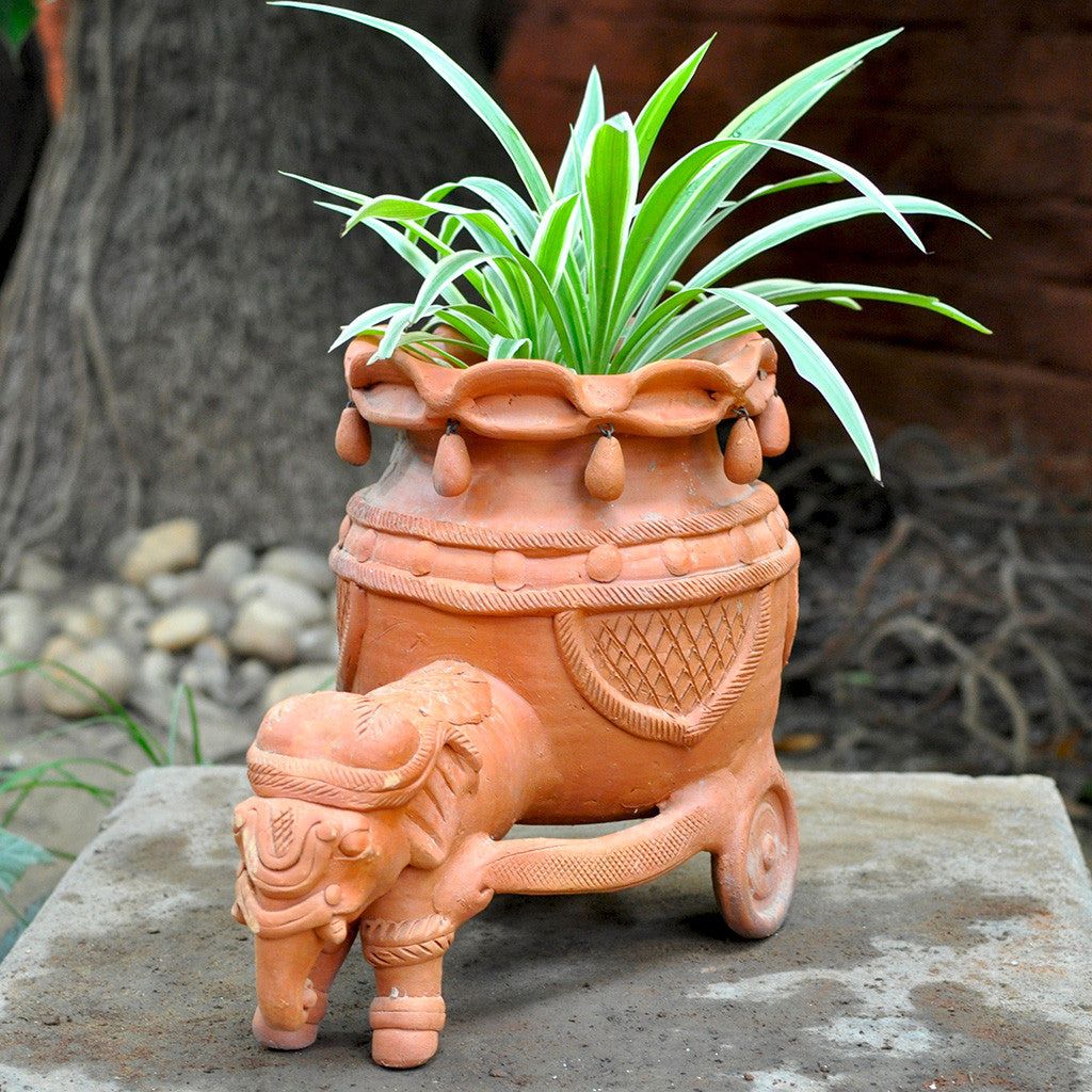 Terracotta Elephant with Cart Planter front view – myBageecha