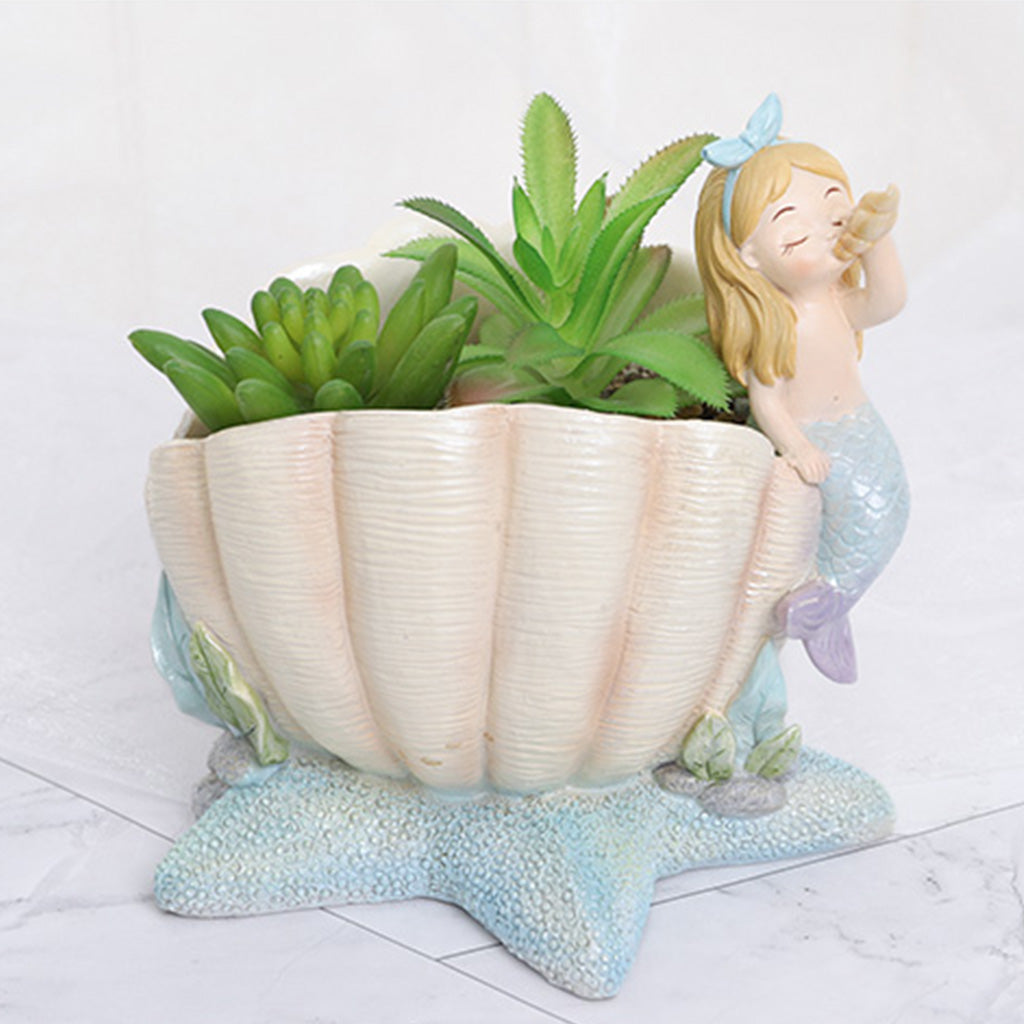 Cute Mermaid Blowing Shell Resin Succulent Pot - myBageecha