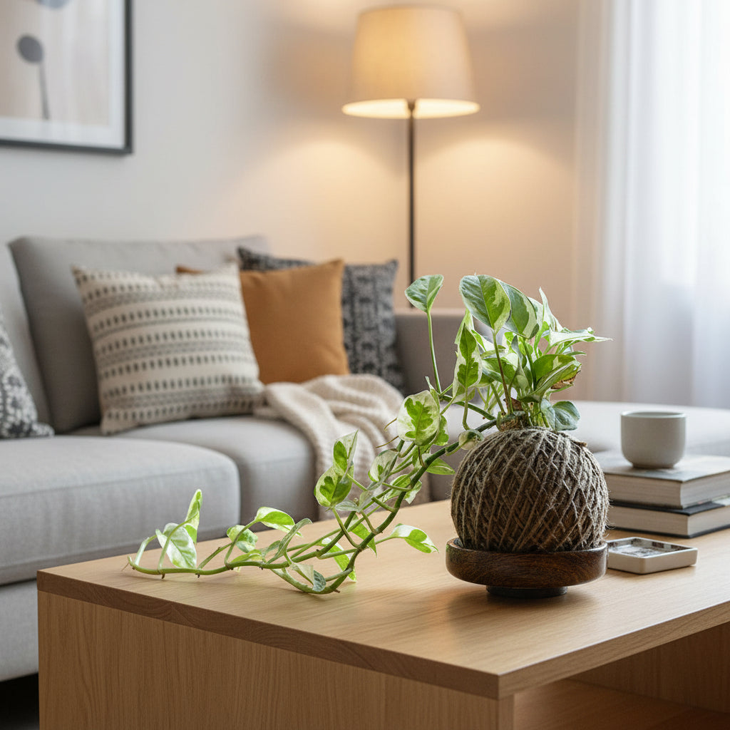 Kokedama Moss Ball Pearls & Jade Pothos Plant in living room- myBageecha