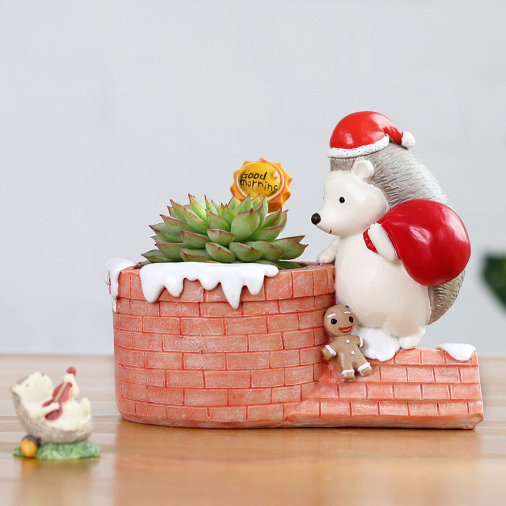 Christmas Hedgehog on Chimney Resin Succulent Pot - myBageecha
