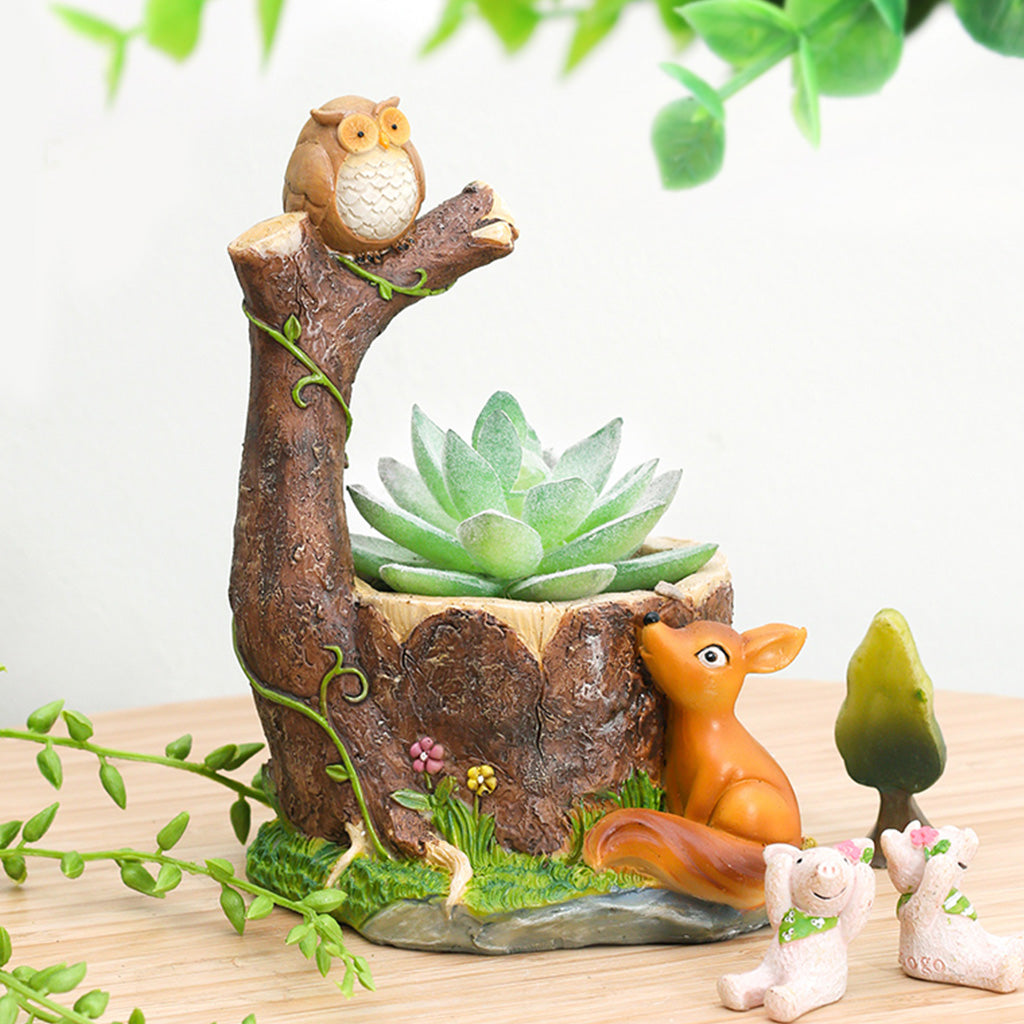 Perched Owl on Tree and Deer Resin Succulent Pot - myBageecha