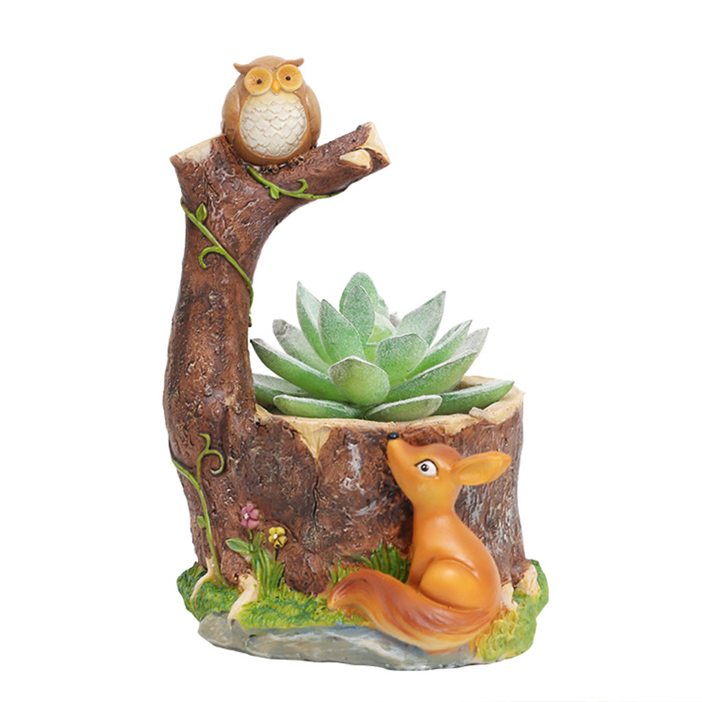 Perched Owl on Tree and Deer Resin Succulent Pot - myBageecha