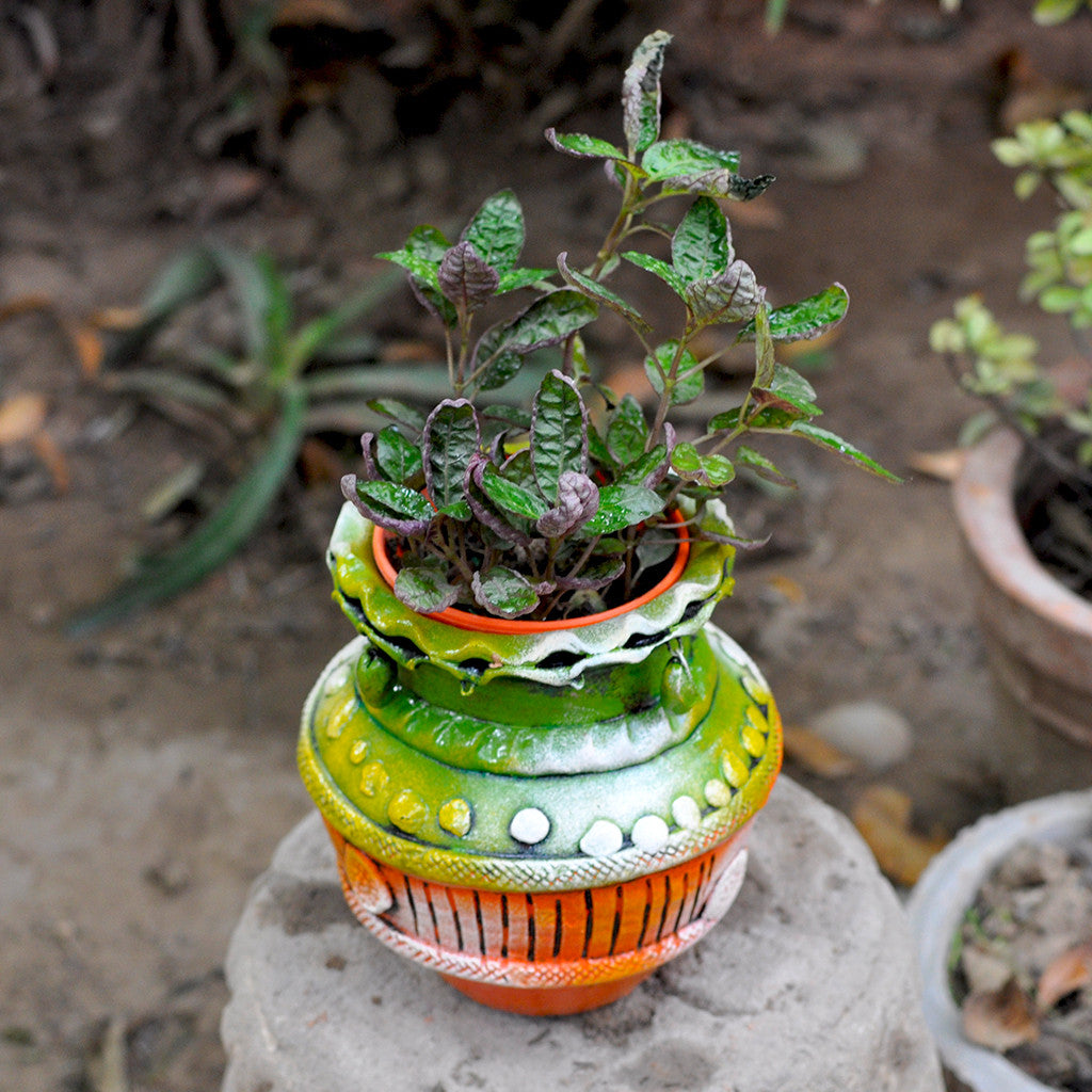 Terracotta Small Colourful Pot front view – myBageecha