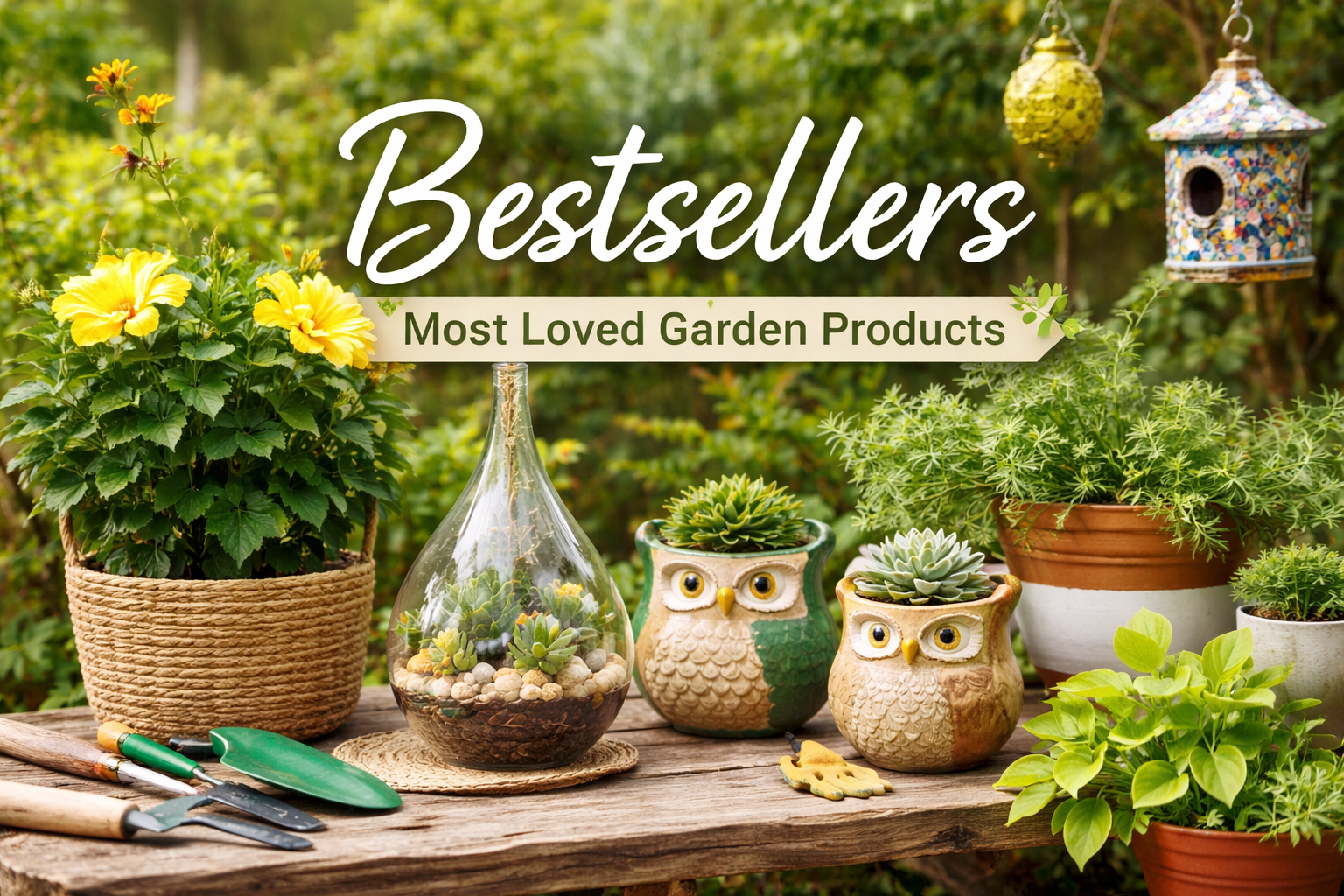 Bestselling gardening products with plants, terrarium and garden accessories