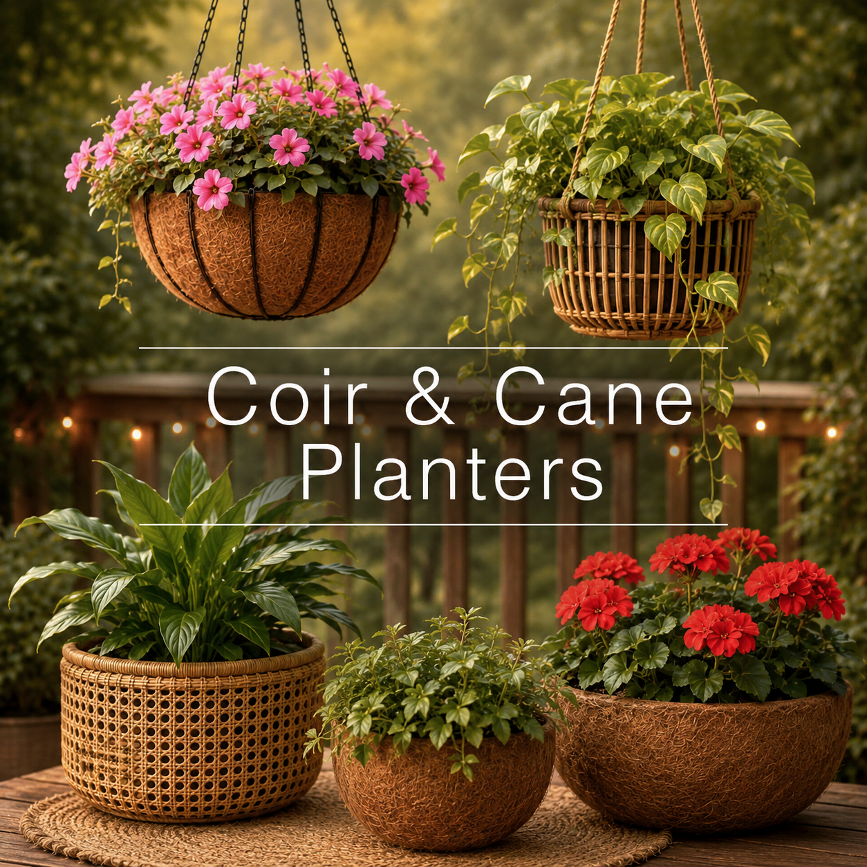 Coco coir pots with colorful flowers on deck and hanging baskets
