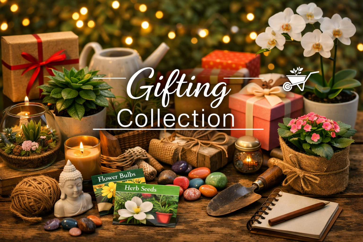 Gifting collection image featuring plants, décor, garden kits, and wrapped presents arranged with festive accents, symbolizing nature‑inspired gifts from myBageecha.