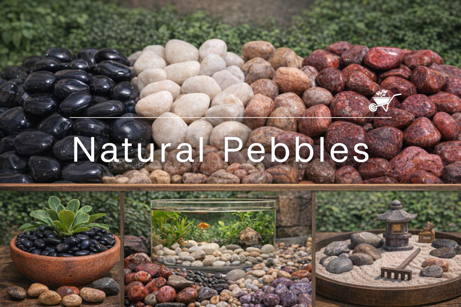 Natural pebbles in planters, aquariums, Zen gardens with centered title text.