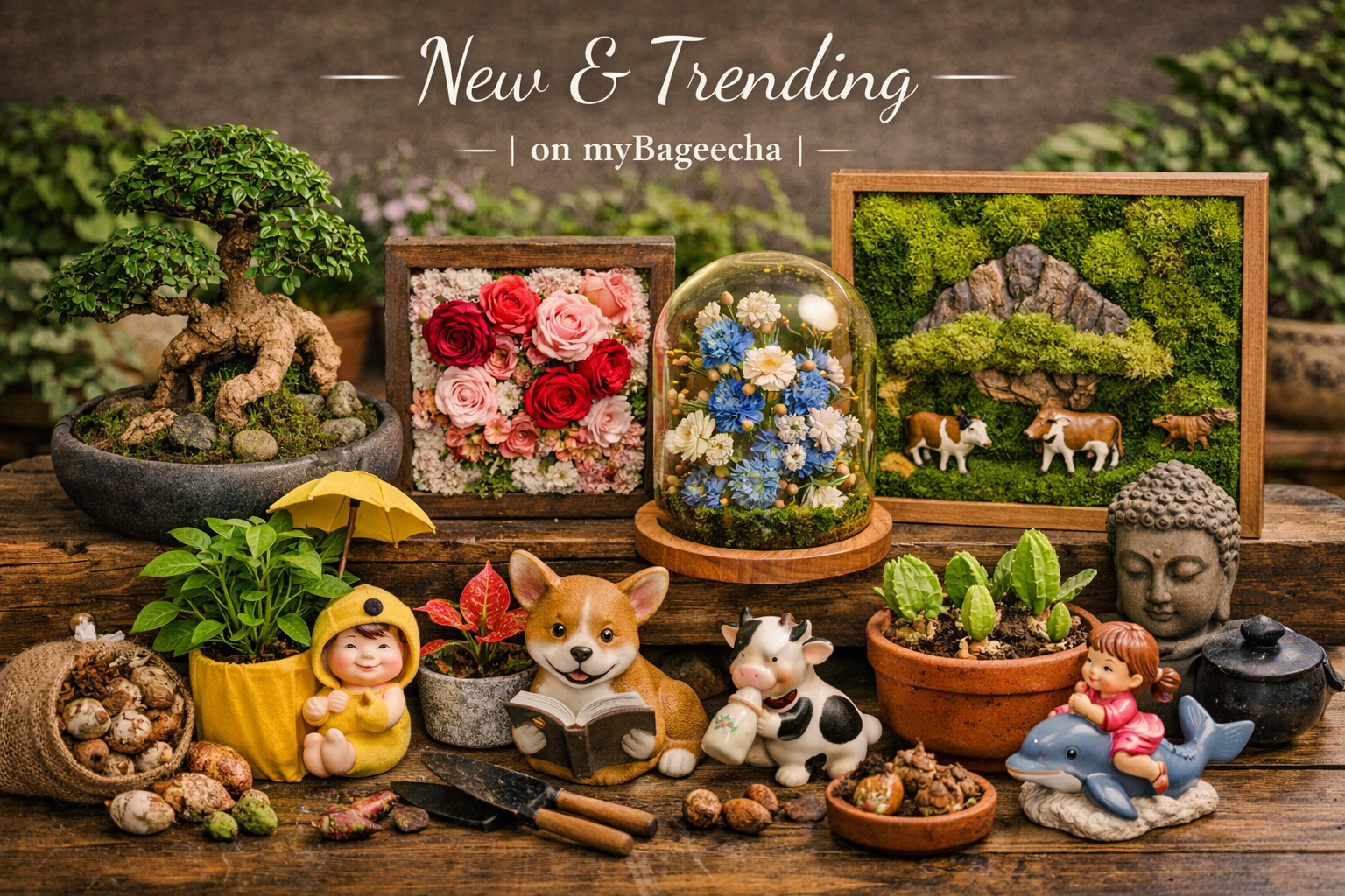 New & Trending plants, bonsai, bulbs, preserved flowers & resin décor at myBageecha.