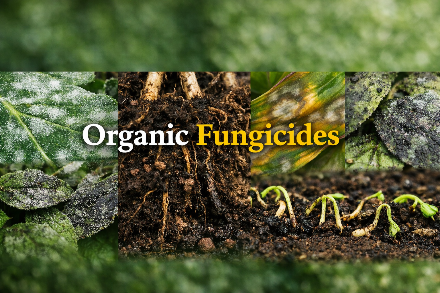 Collage of plant fungal infections—powdery mildew, root rot, leaf blight, sooty mould, and damping off.”