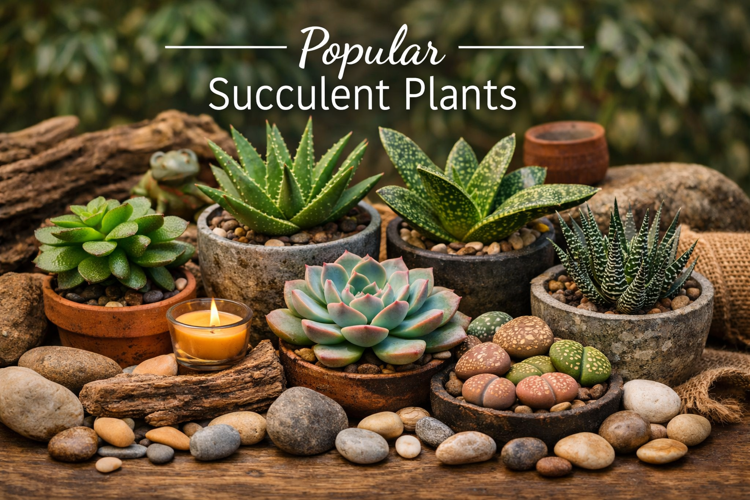 Popular Succulent Plants collection image featuring Crassula, Echeveria, Haworthia, Aloe, Lithops, and Gasteria arranged with pebbles and décor, symbolizing easy‑care greenery at myBageecha.