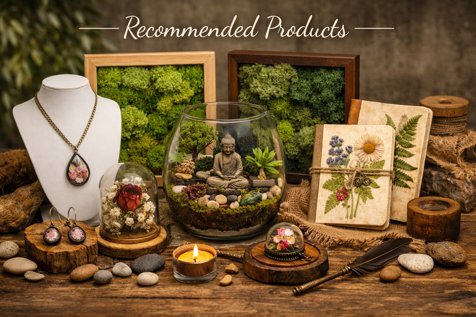 Recommended Products collection image featuring preserved flower jewelry, terrarium kits, moss frames, and pressed flower diaries arranged with natural décor accents at myBageecha.