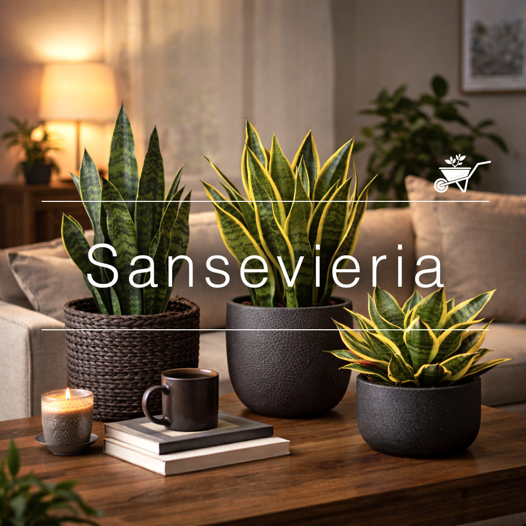 Sansevieria plants in decorative pots on a coffee table in a cozy indoor living room.