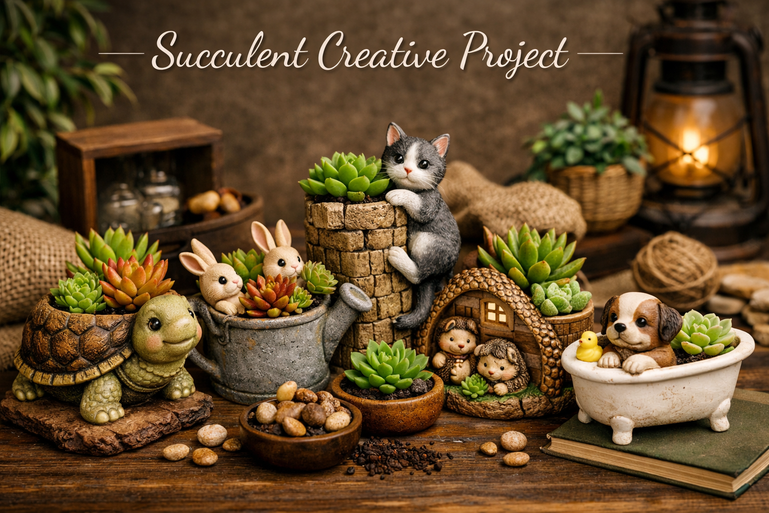 Succulent Creative Project collection image featuring resin pots shaped like tortoise, rabbits in watering can, cat climbing pillar, hedgehog family, and pup in bathtub, each styled with succulents for gifting and indoor décor at myBageecha.
