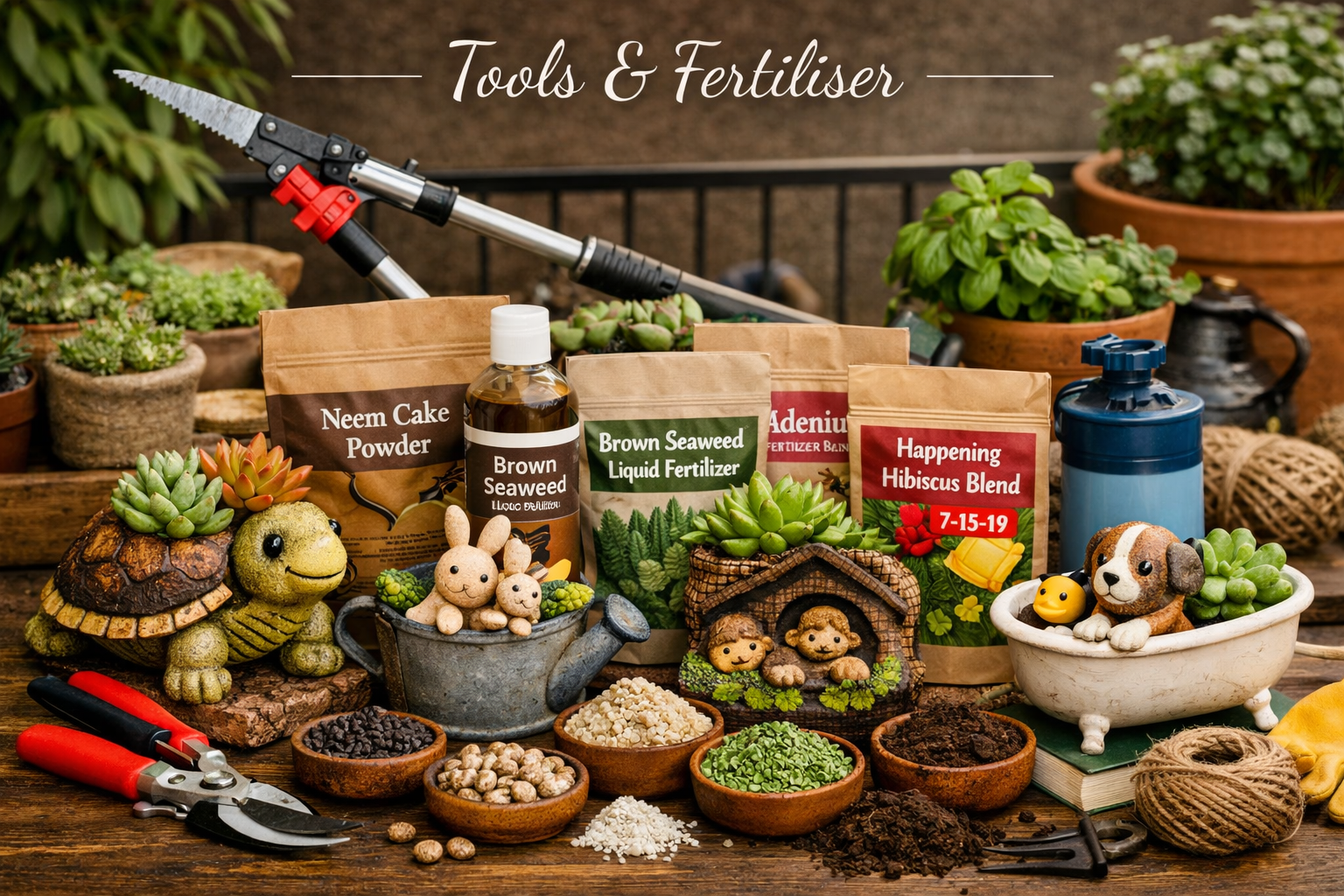 Gardening tools and organic fertilizers arranged with pots and plants for balcony gardening.
