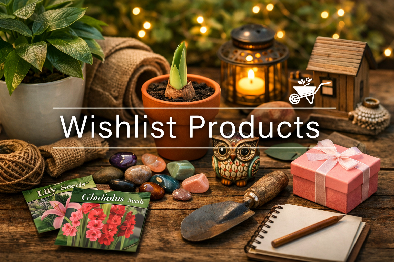 Wishlist Products collection image featuring plants, seeds, décor, gardening tools, and gift items arranged together, symbolizing saved favorites at myBageecha.