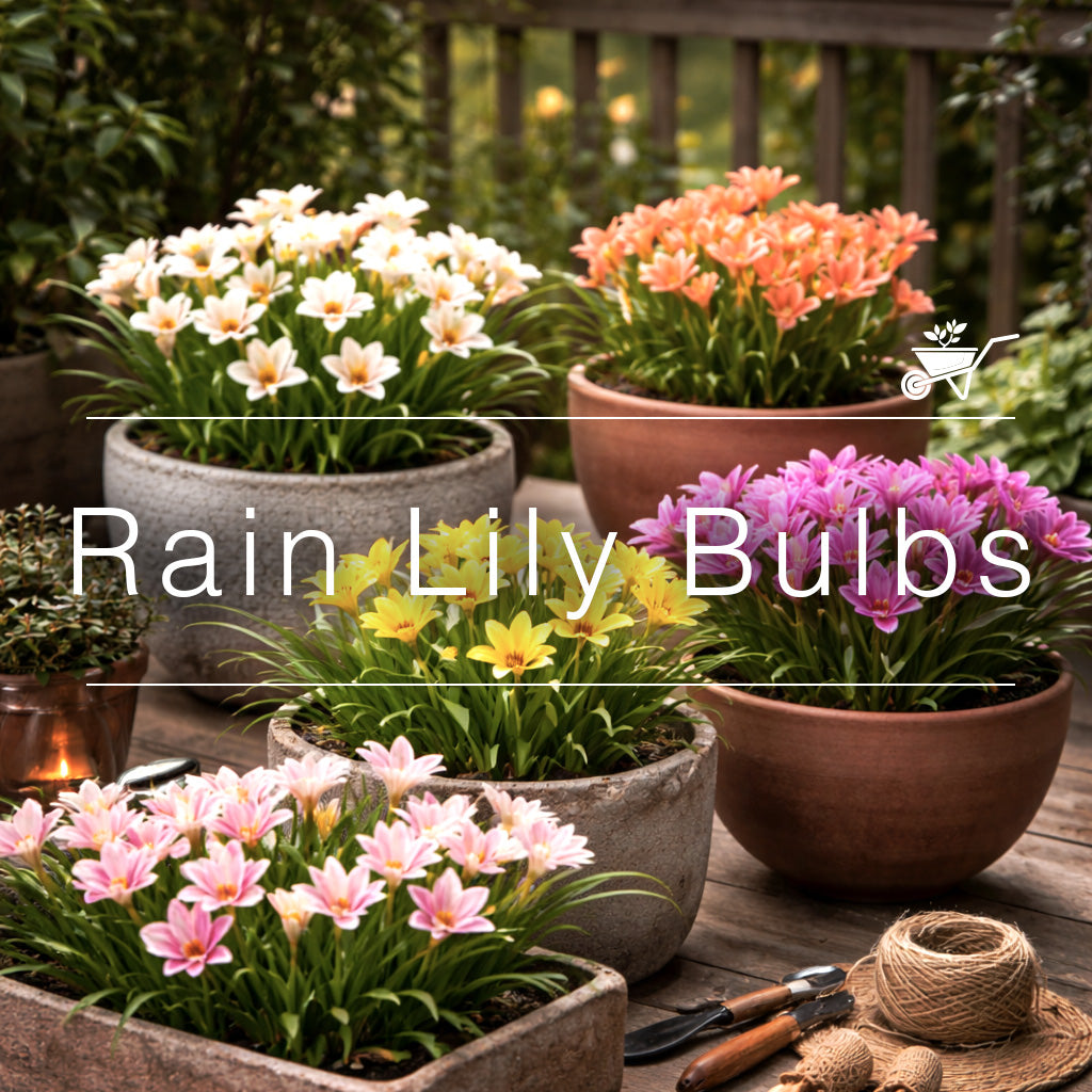 rain lily bulbs blooming in colourful pots with pink, yellow and white flowers